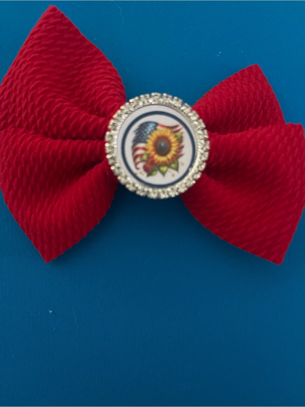 Red Bow Hair Clip with Sunflower & Flag Accent
